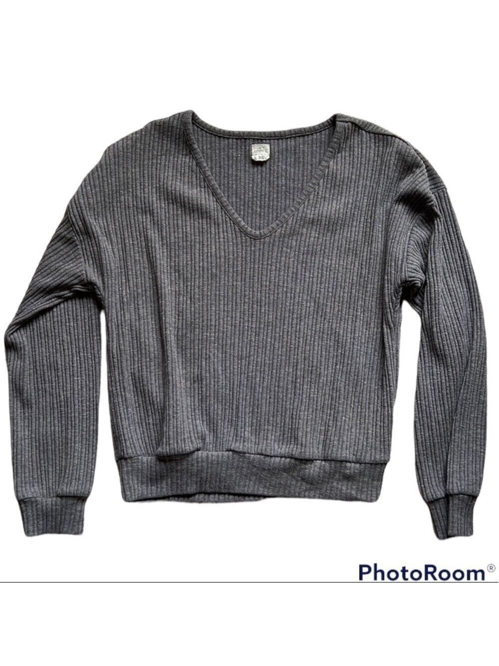 O’NEILL Grey Ribbed V Neck Sweater Size Large